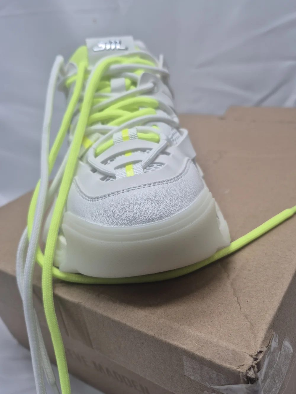 Madden White Platform Sneaker with Neon Yellow Eyelet Detail
